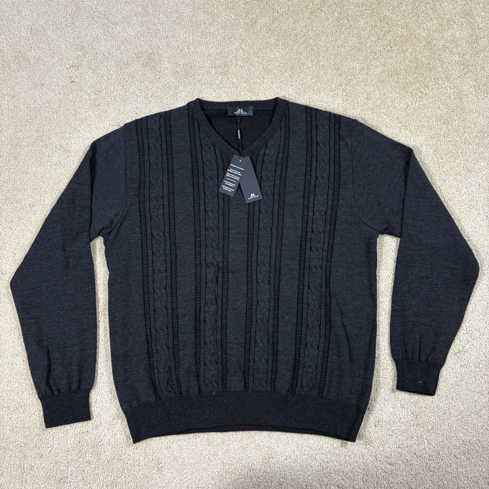 NWT Montechiaro Sweater Men's XL 54 Cable Knit Black V Neck Merino Wool Italy